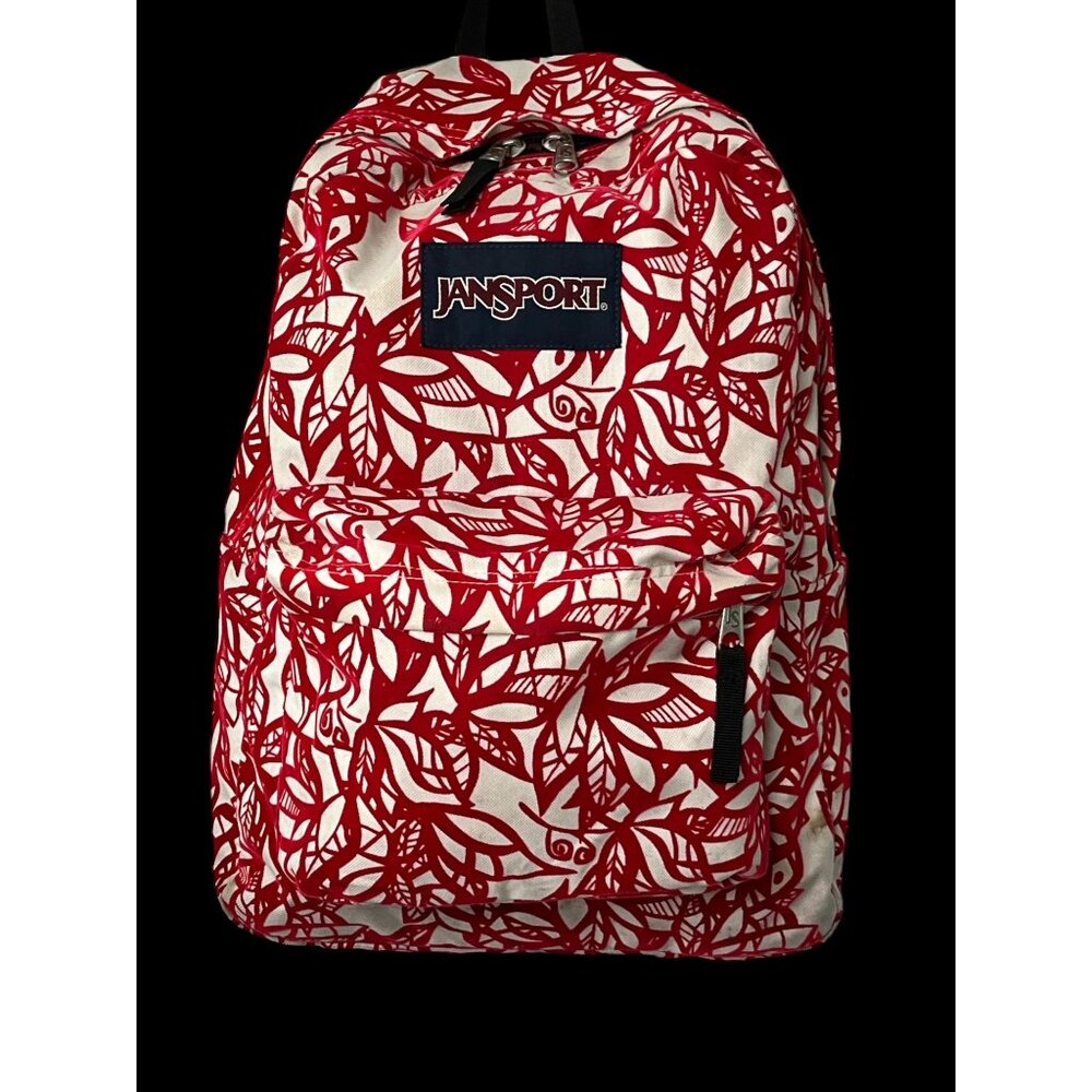 Jansport Red & White Floral Pattern Backpack With Front Pocket & Padded Straps